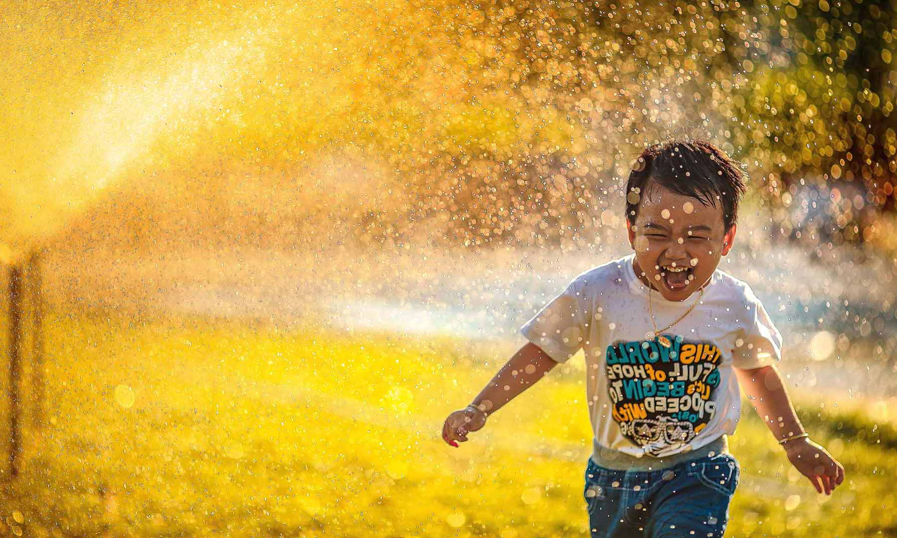 Child runs through lawn sprinkler on a warm summer day