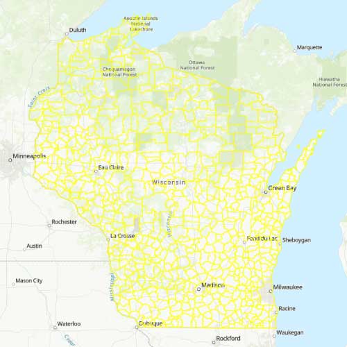 Telephone exchange boundaries in Wisconsin map