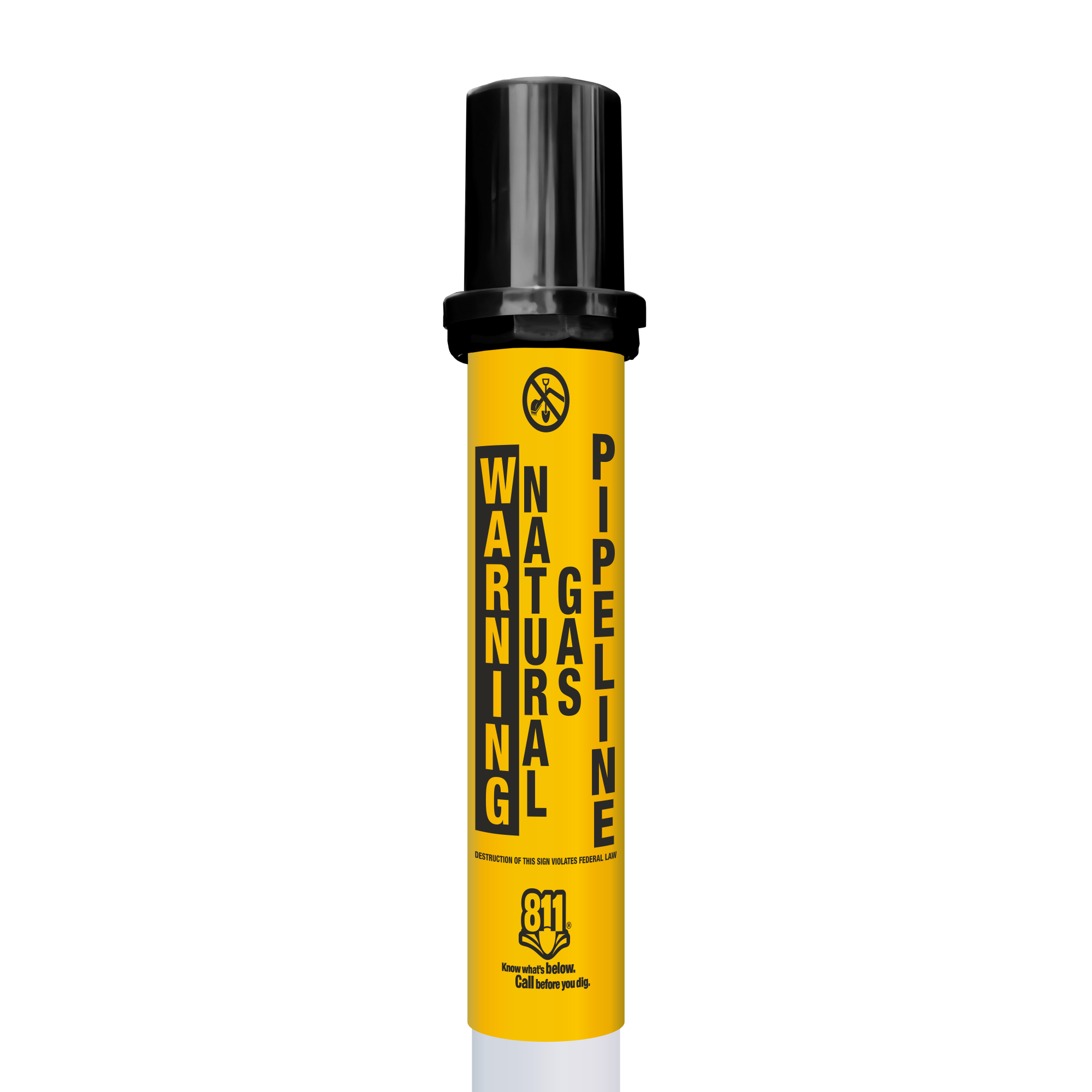 Picture of round yellow pipeline marker saying Warning Natural Gas Pipeline